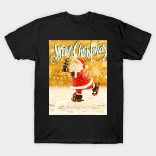 Merry Xmas Funny Skating Santa Photograpic Festive Print T-Shirt